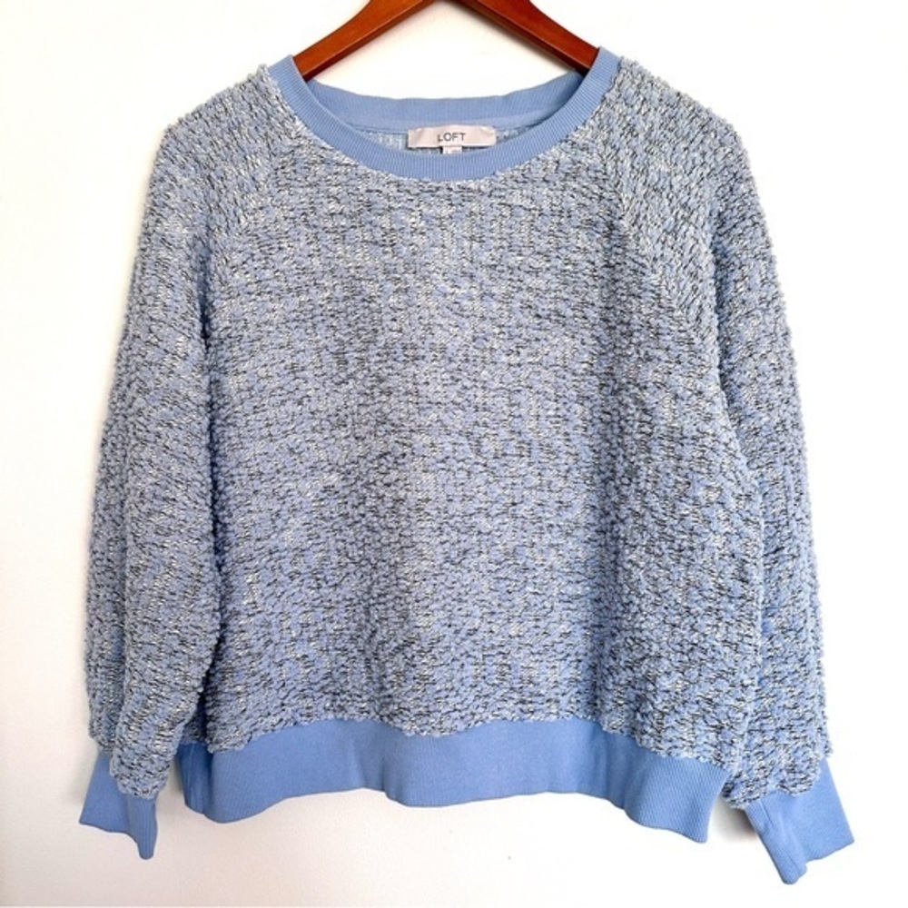 LOFT Women's Fuzzy Soft Blue Textured Crew Neck Sweater Size Large